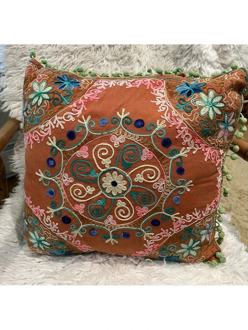 Karma Living Bohemian Coral Green Pom Pom Throw Pillow Hippie 60s Colorful 14” 2